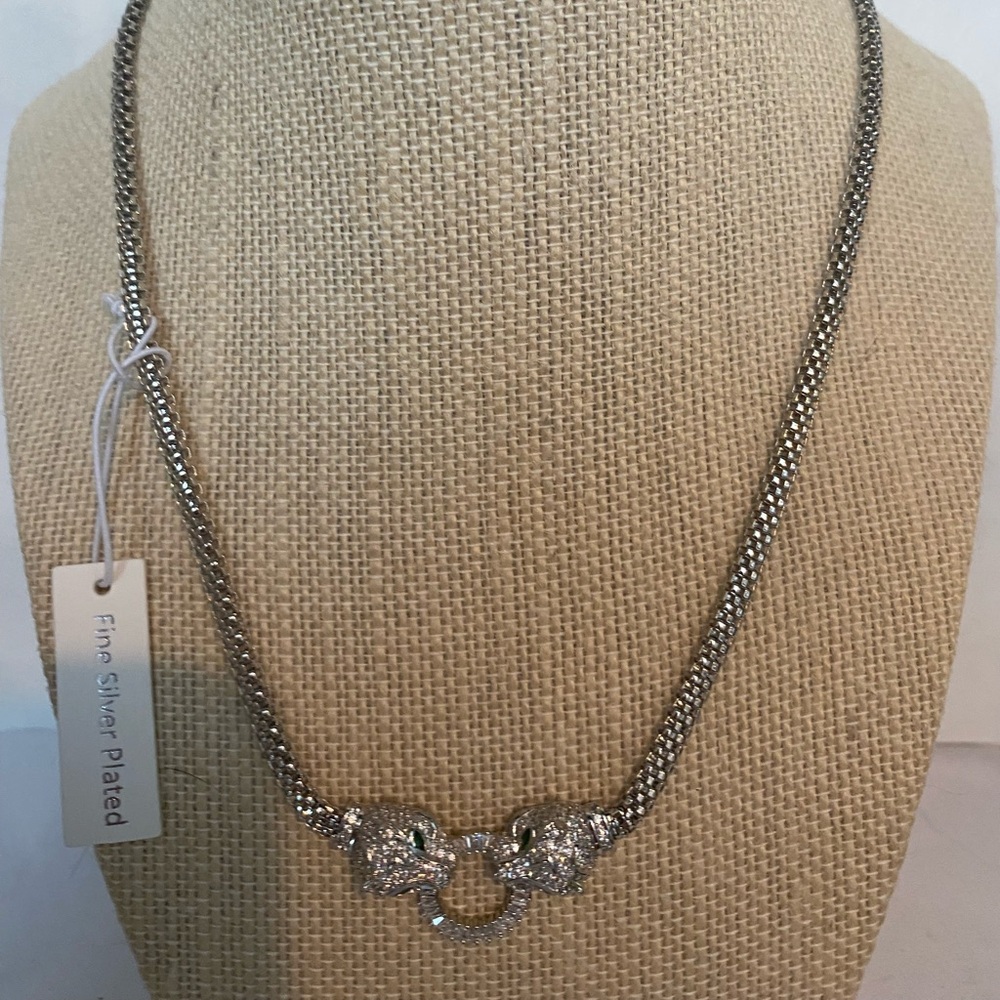 Rachel Zoe Crystal-Accented Silver Panther Head Necklace 16”
